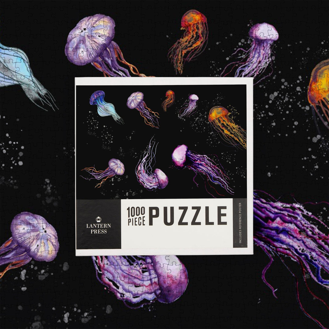 Jellyfish, Watercolor on Black, Jigsaw Puzzle Puzzle Lantern Press 
