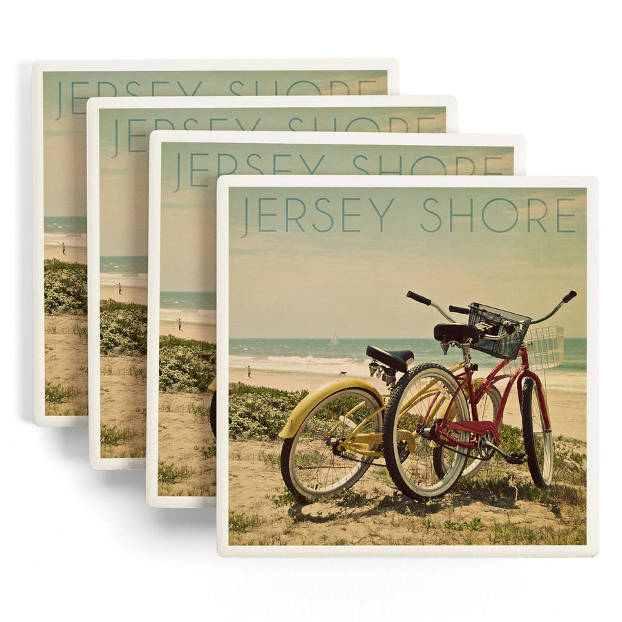 Jersey Shore, Bicycles & Beach Scene, Lantern Press Photography, Coaster Set - Lantern Press