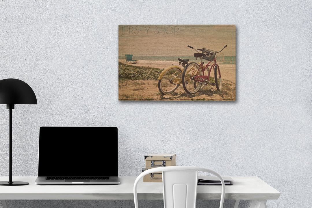 Jersey Shore, Bicycles & Beach Scene, Lantern Press Photography, Wood Signs and Postcards - Lantern Press