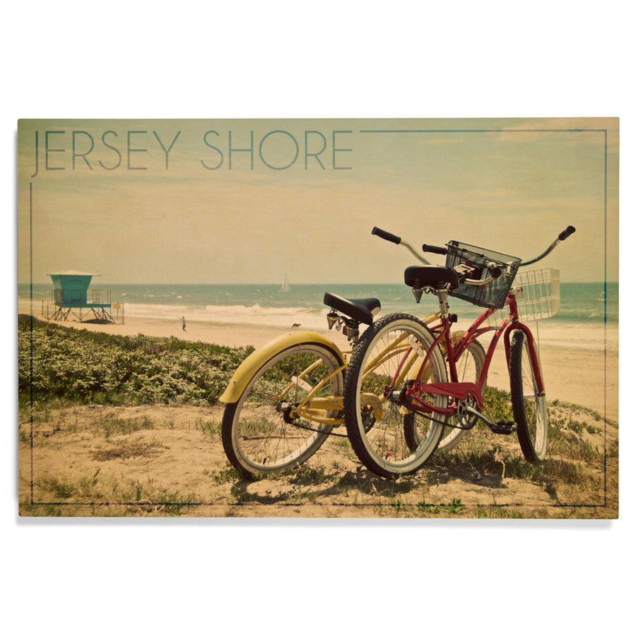 Jersey Shore, Bicycles & Beach Scene, Lantern Press Photography, Wood Signs and Postcards - Lantern Press