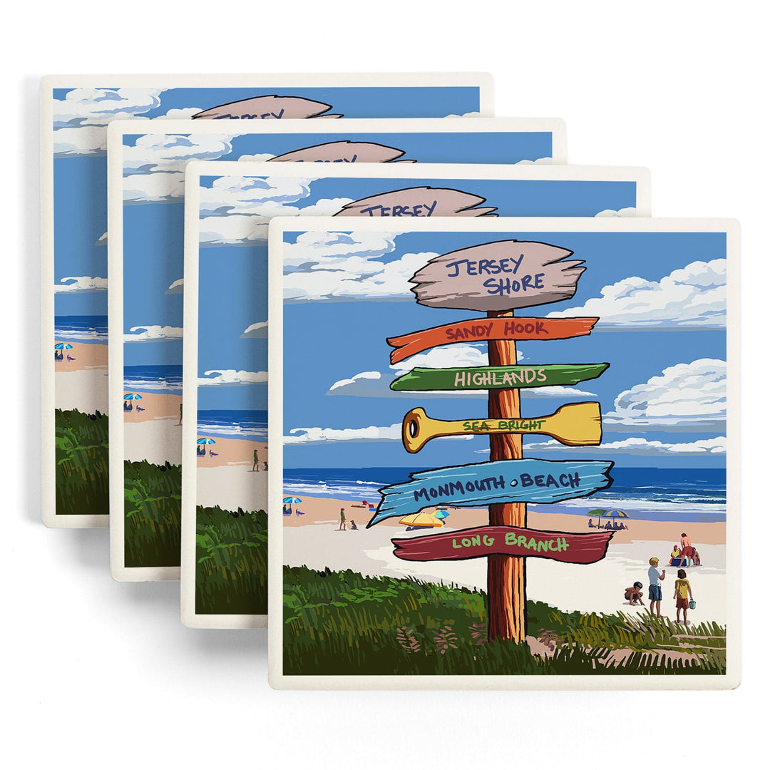 Jersey Shore, Signpost Destinations, Lantern Press Artwork, Coaster Set - Lantern Press