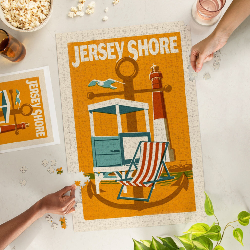 Jersey Shore, Woodblock, Jigsaw Puzzle Puzzle Lantern Press 