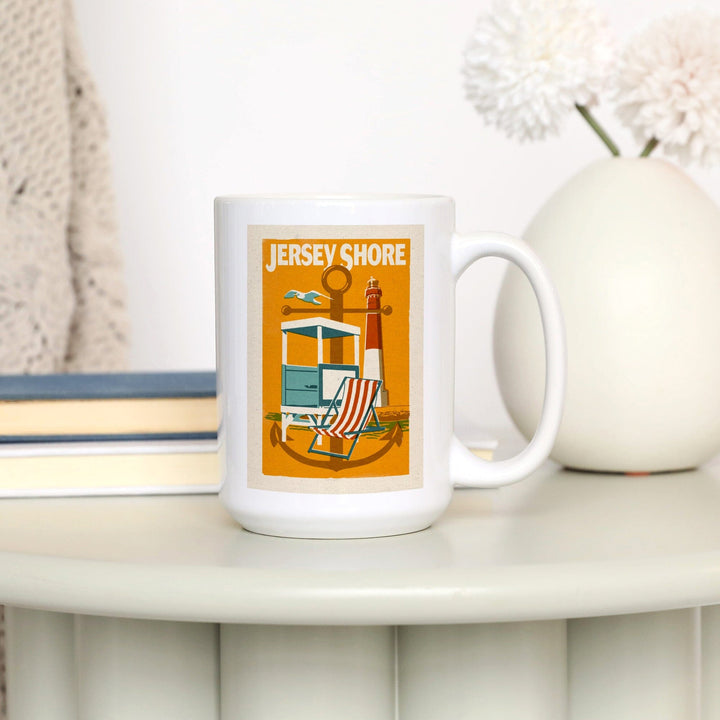 Jersey Shore, Woodblock, Lantern Press Artwork, Ceramic Mug - Lantern Press