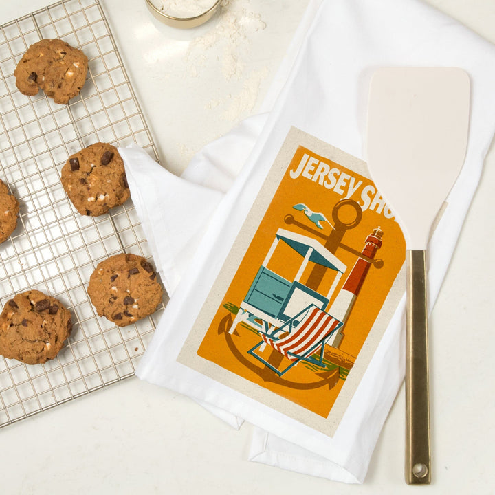 Jersey Shore, Woodblock, Organic Cotton Kitchen Tea Towels - Lantern Press