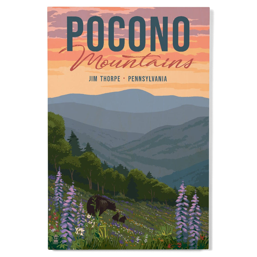 Jim Thorpe, Pennsylvania, Pocono Mountains, Bear & Spring Flowers, Lantern Press Artwork, Wood Signs and Postcards Wood Lantern Press 