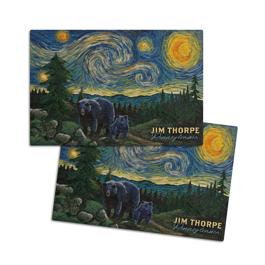 Jim Thorpe, Pennsylvania, Starry Night, Bear & Cub, Lantern Press Artwork, Wood Signs and Postcards Wood Lantern Press 4x6 Wood Postcard Set 