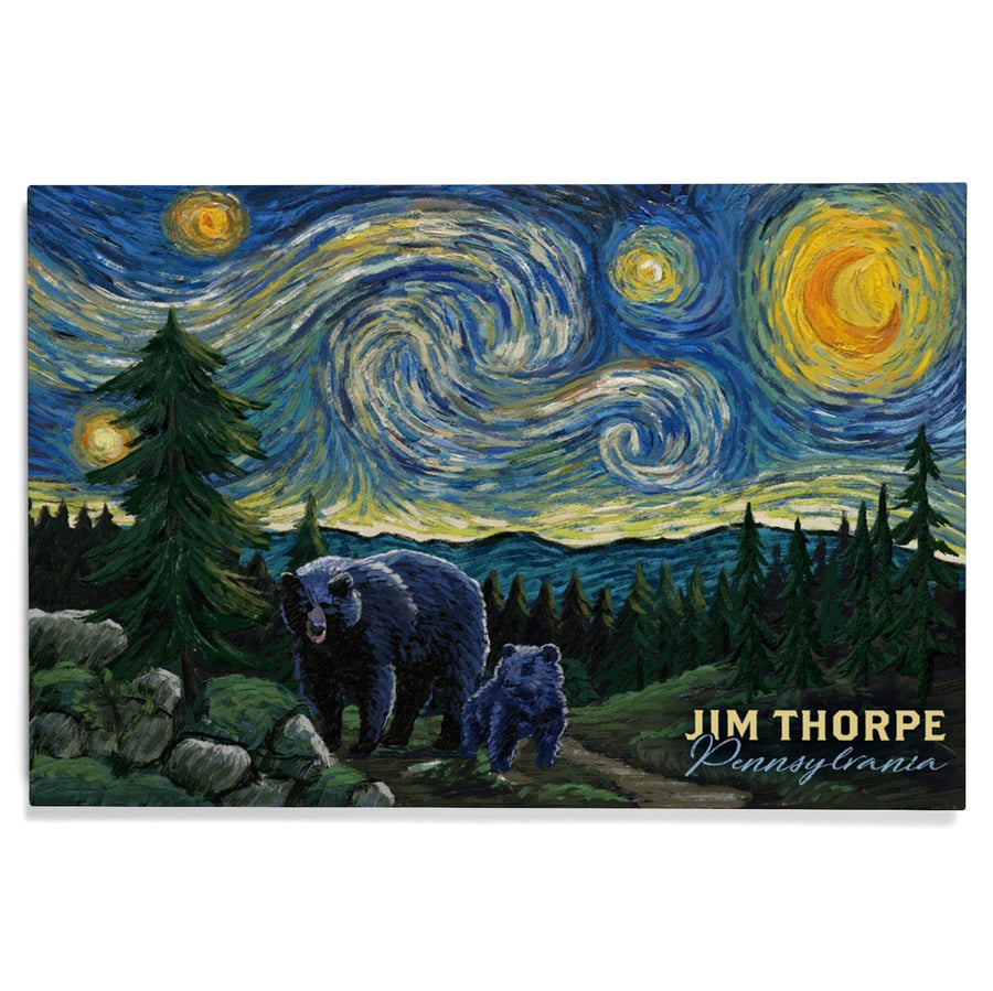 Jim Thorpe, Pennsylvania, Starry Night, Bear & Cub, Lantern Press Artwork, Wood Signs and Postcards Wood Lantern Press 