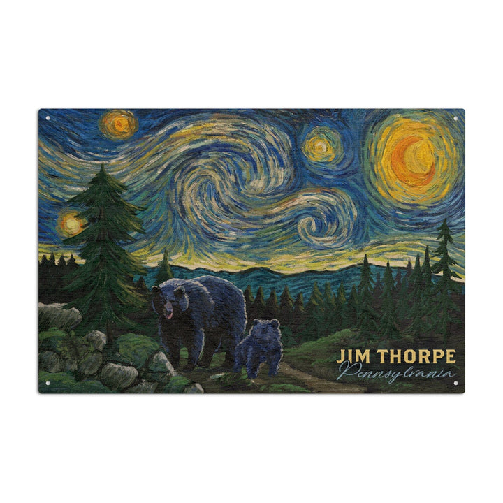 Jim Thorpe, Pennsylvania, Starry Night, Bear & Cub, Lantern Press Artwork, Wood Signs and Postcards Wood Lantern Press 6x9 Wood Sign 