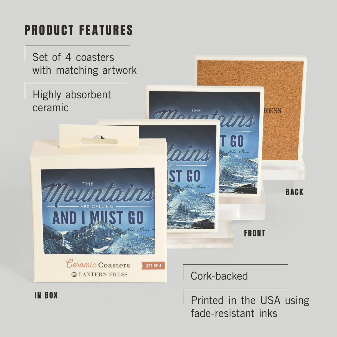 John Muir, The Mountains are Calling, Rocky Mountain National Park, Coasters Coasters Lantern Press 