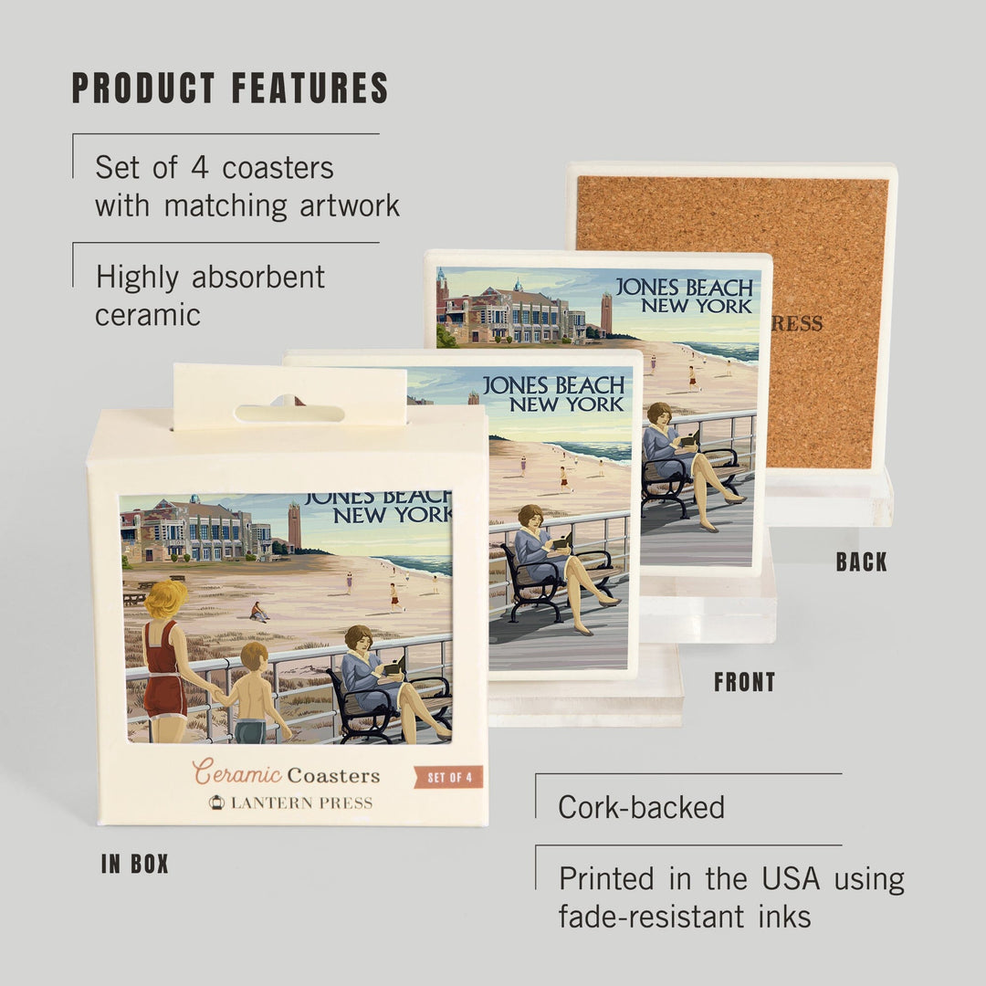 Jones Beach Scene, New York, Lantern Press Artwork, Coaster Set - Lantern Press