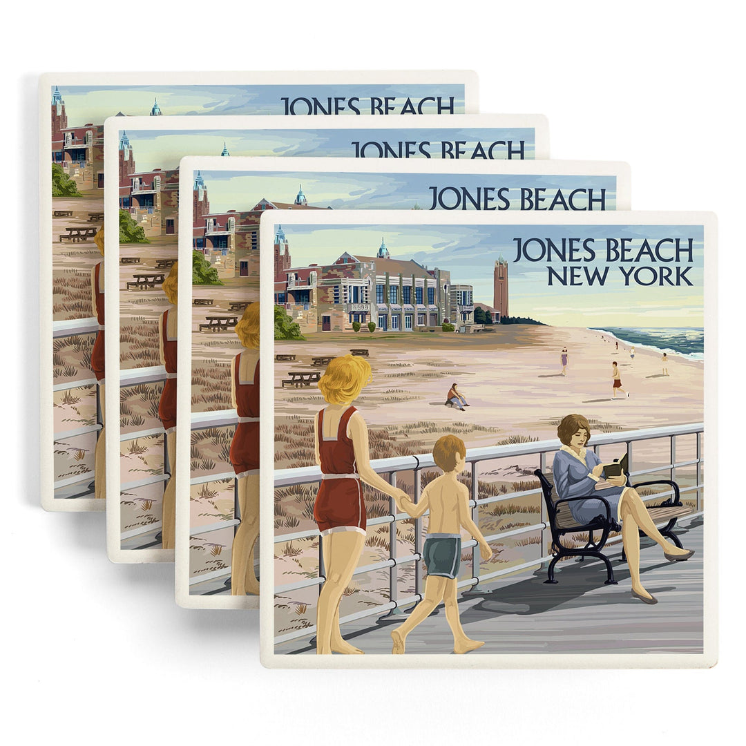 Jones Beach Scene, New York, Lantern Press Artwork, Coaster Set - Lantern Press