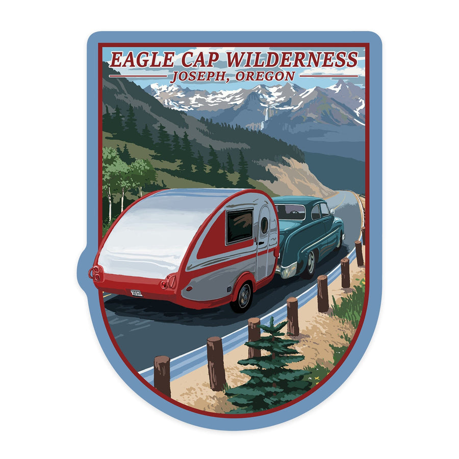 Joseph, Oregon, Eagle Cap Wilderness, Retro Camper on Road, Contour, Vinyl Sticker - Lantern Press