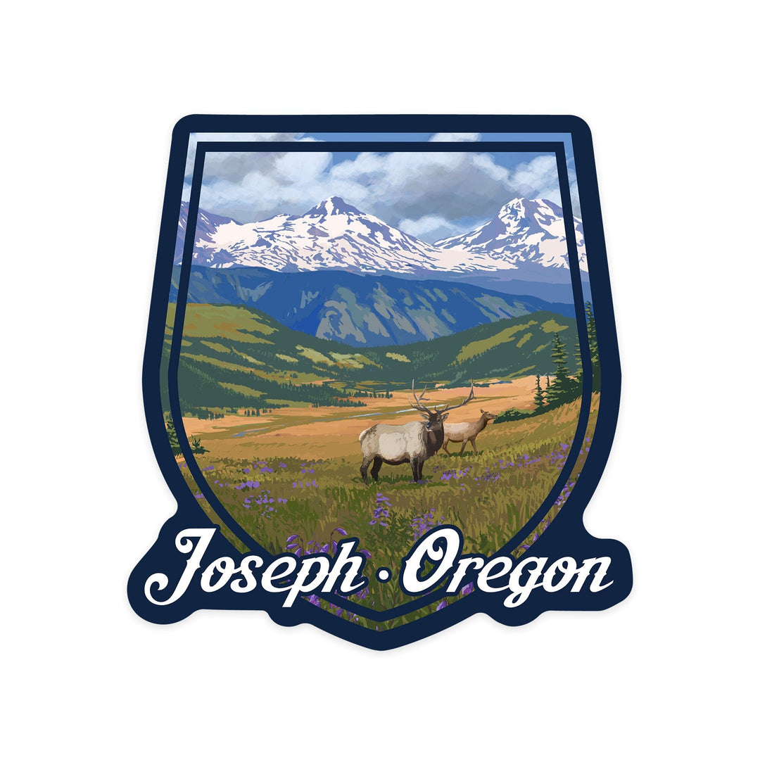 Joseph, Oregon, Elk and Flowers, Contour, Vinyl Sticker Sticker Lantern Press 