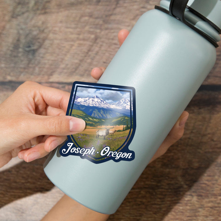 Joseph, Oregon, Elk and Flowers, Contour, Vinyl Sticker Sticker Lantern Press 