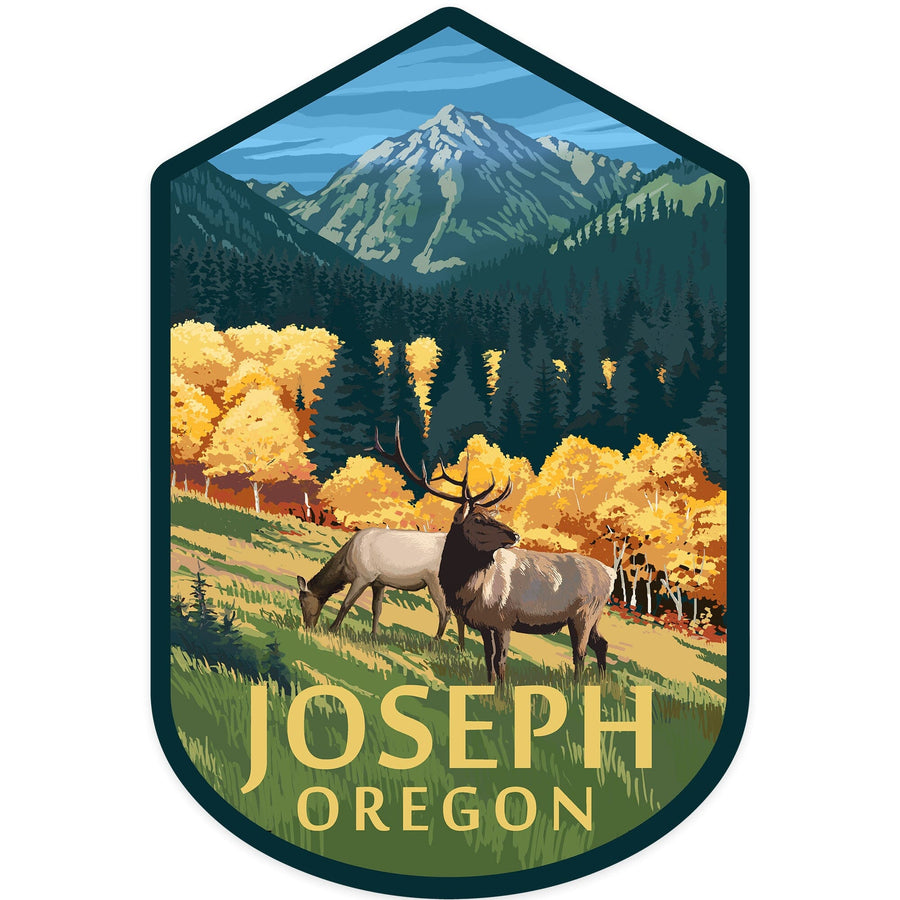 Joseph, Oregon, Elk and Mountains, Contour, Vinyl Sticker Sticker Lantern Press 