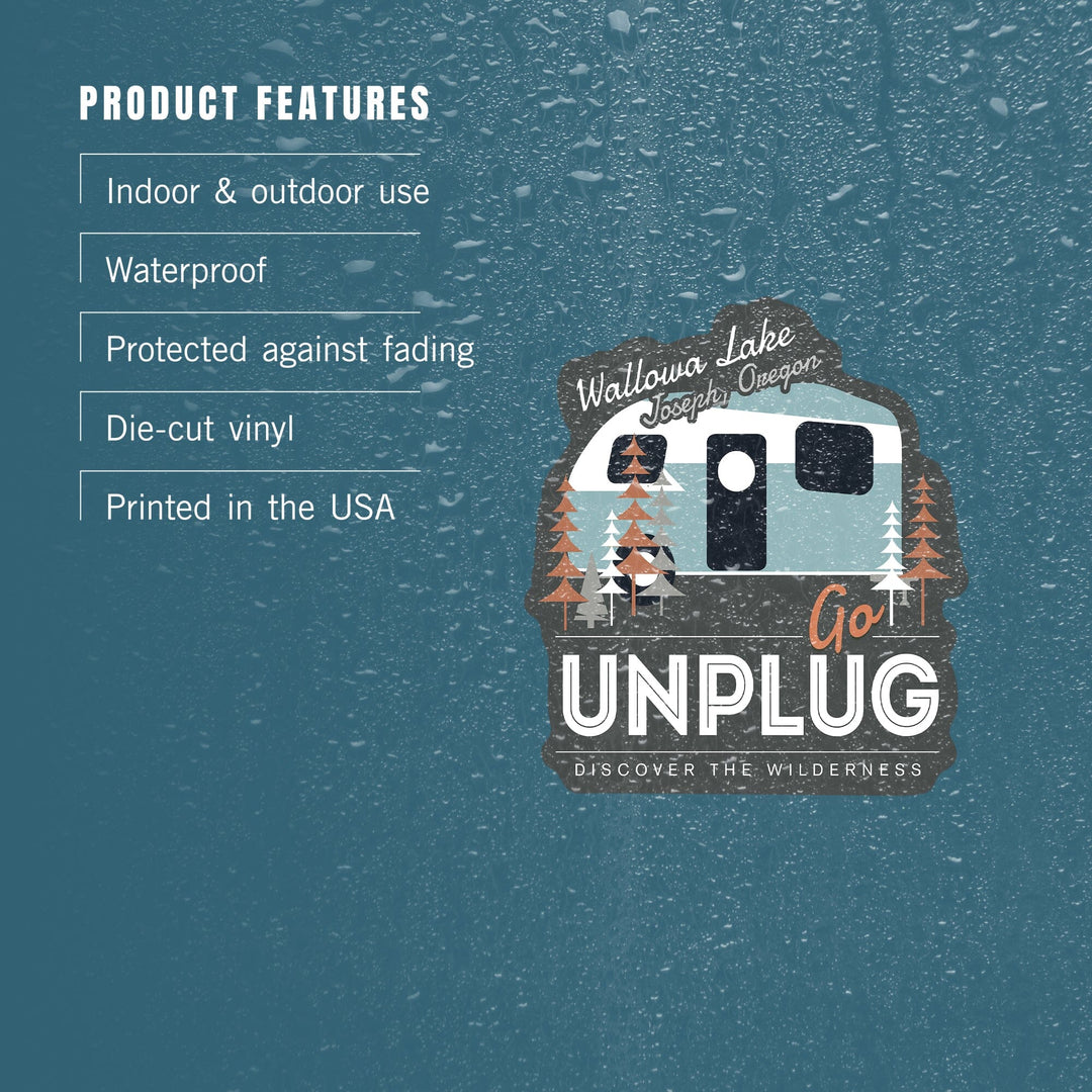 Joseph, Oregon, Wallowa Lake, Go Unplug, Retro Camper, Contour, Vinyl Sticker Sticker Lantern Press 