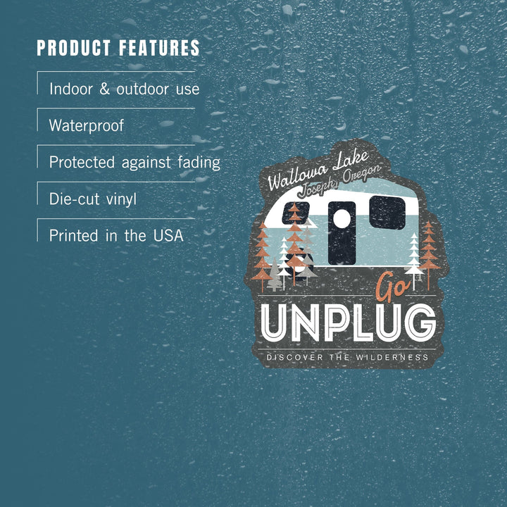 Joseph, Oregon, Wallowa Lake, Go Unplug, Retro Camper, Contour, Vinyl Sticker Sticker Lantern Press 