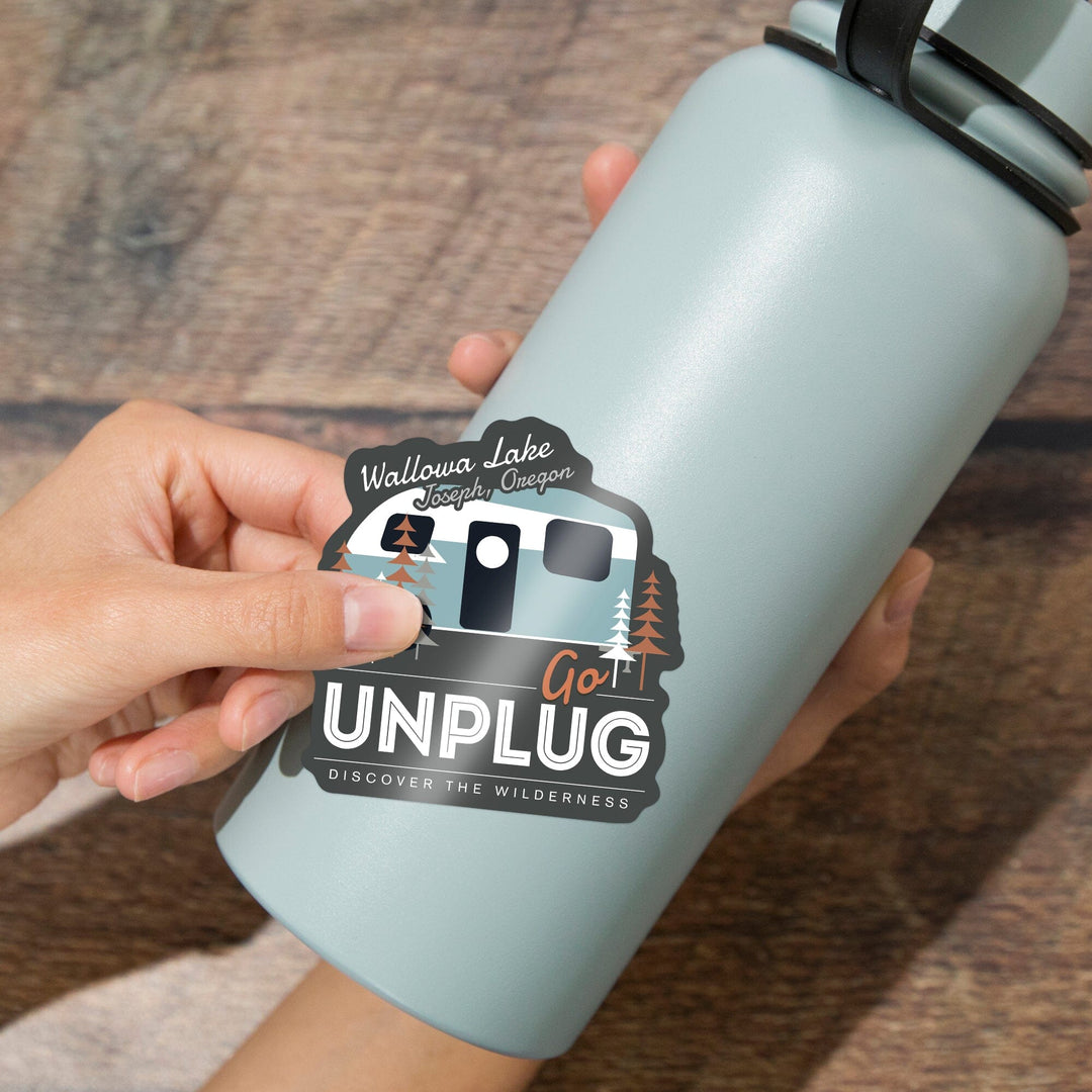 Joseph, Oregon, Wallowa Lake, Go Unplug, Retro Camper, Contour, Vinyl Sticker Sticker Lantern Press 