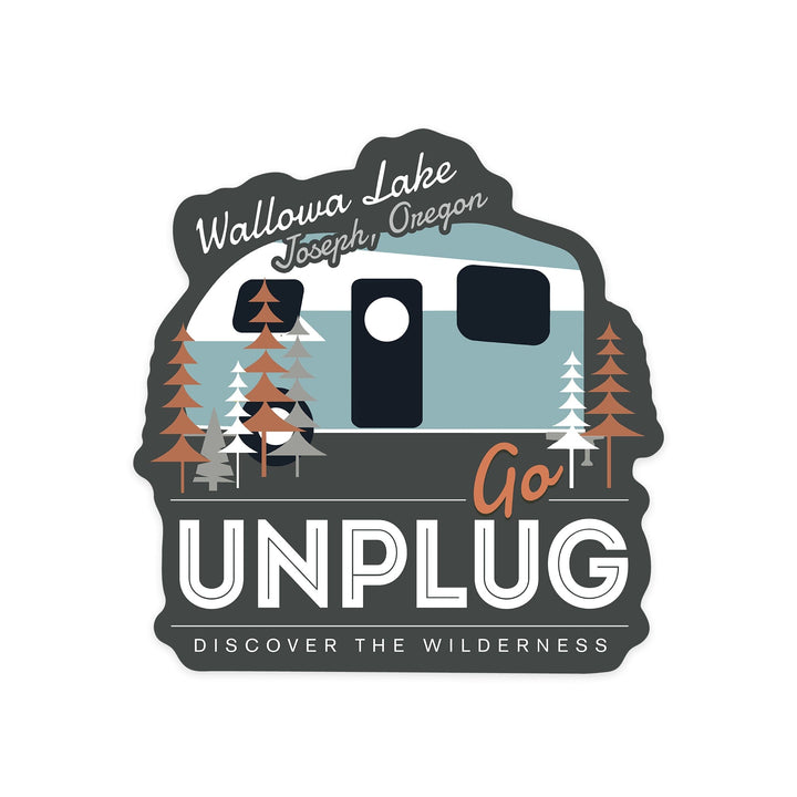 Joseph, Oregon, Wallowa Lake, Go Unplug, Retro Camper, Contour, Vinyl Sticker Sticker Lantern Press 