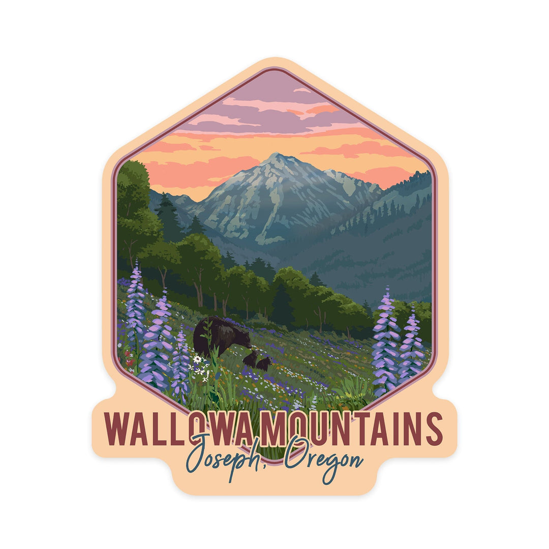 Joseph, Oregon, Wallowa Mountains, Bear and Spring Flowers, Contour, Vinyl Sticker Sticker Lantern Press 