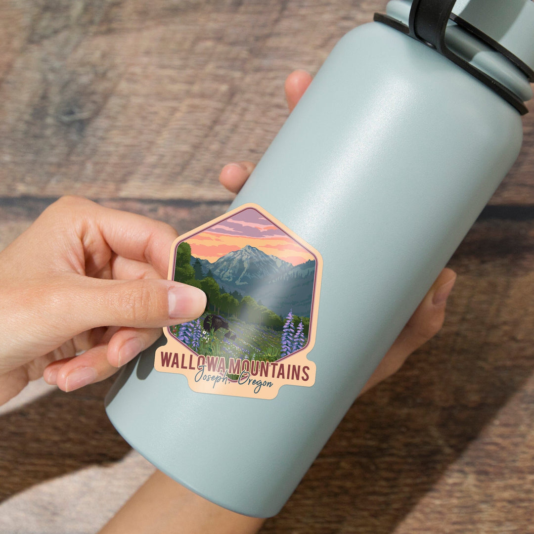 Joseph, Oregon, Wallowa Mountains, Bear and Spring Flowers, Contour, Vinyl Sticker Sticker Lantern Press 