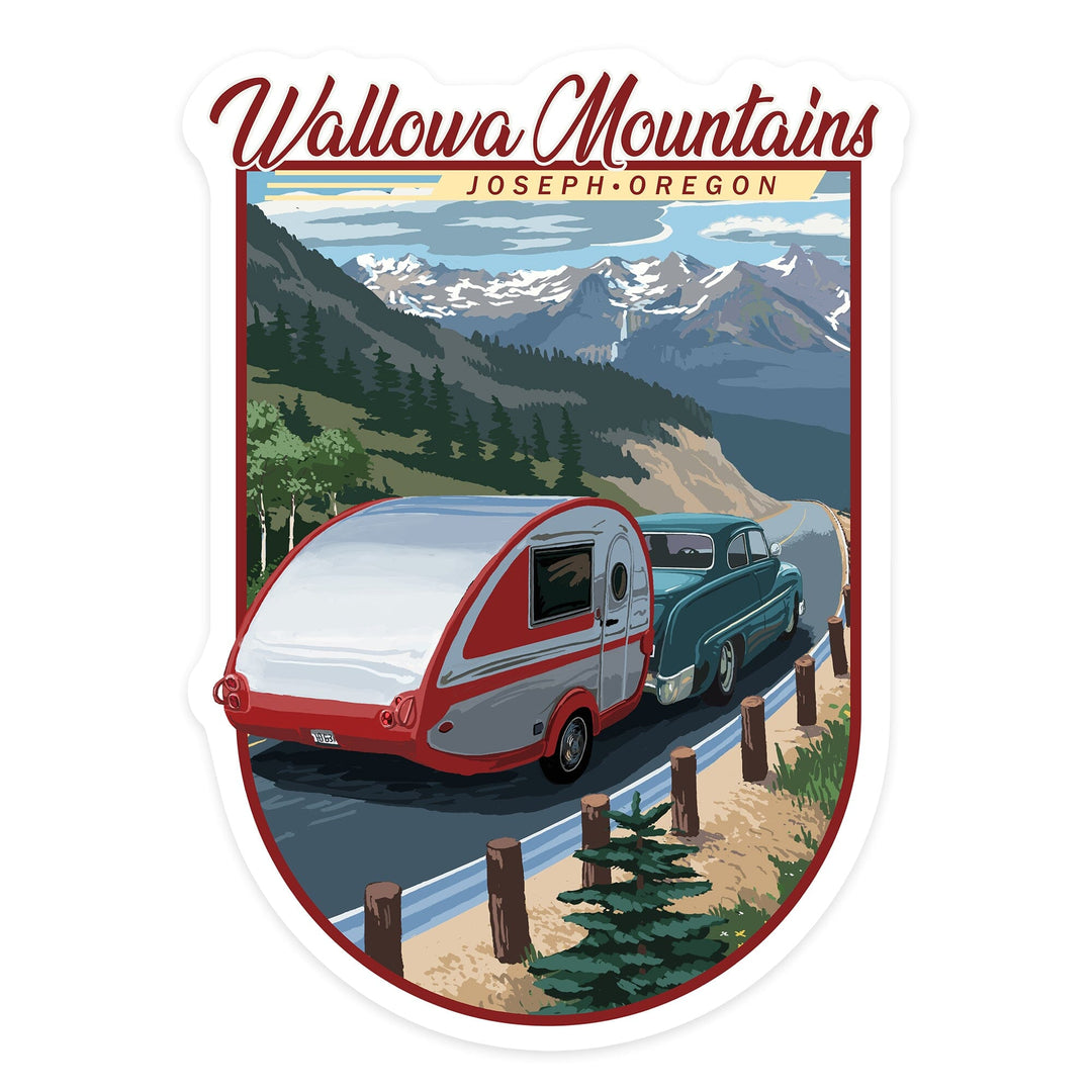 Joseph, Oregon, Wallowa Mountains, Retro Camper, Contour, Vinyl Sticker Sticker Lantern Press 