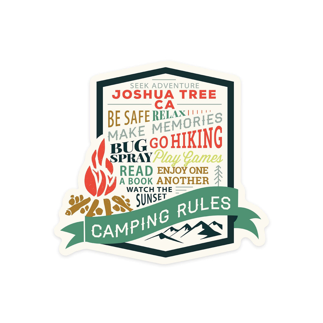 Joshua Tree, California, Camping Rules, Typography, Contour, Vinyl Sticker Sticker Lantern Press 