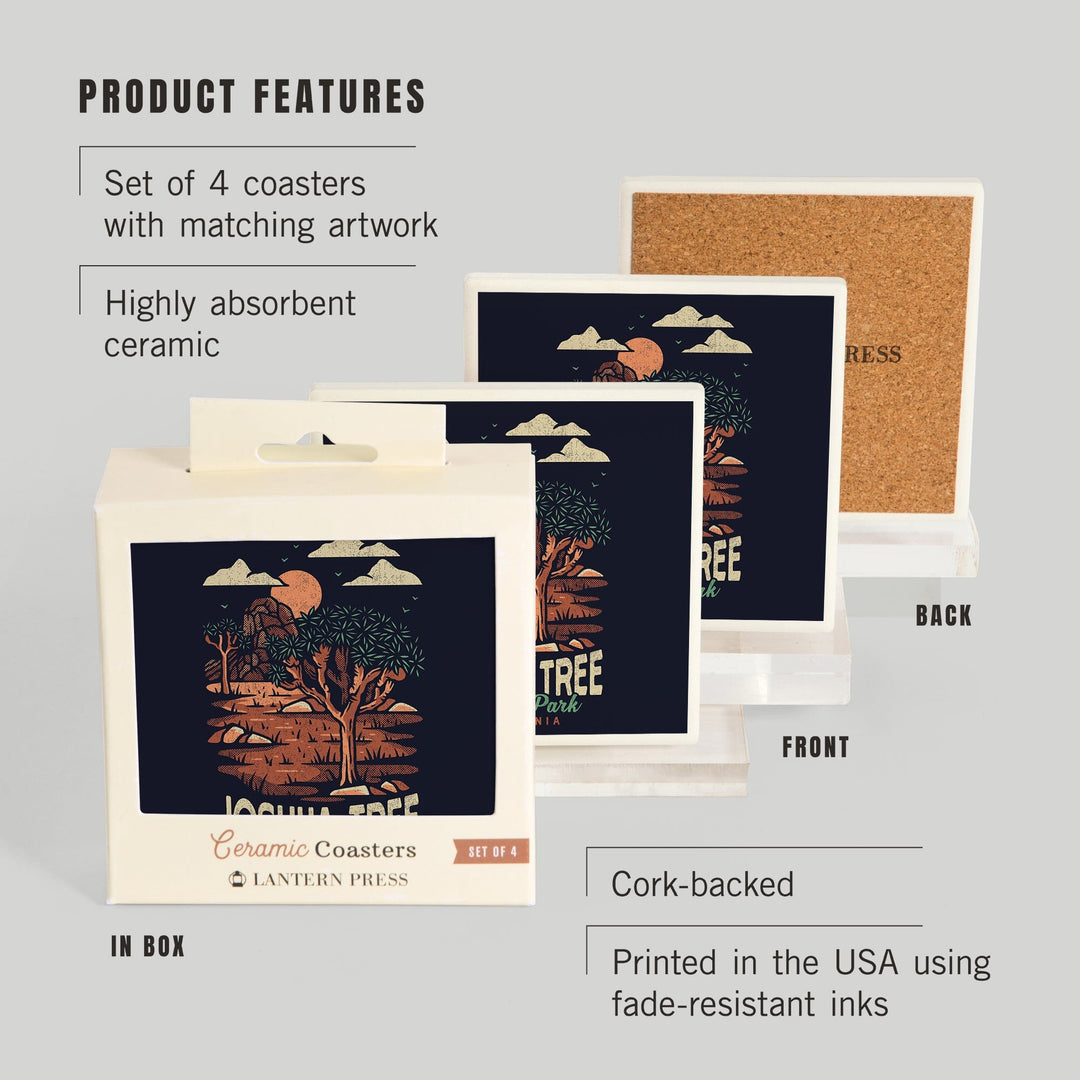 Joshua Tree National Park, California, Distressed Vector, Lantern Press Artwork, Coaster Set - Lantern Press