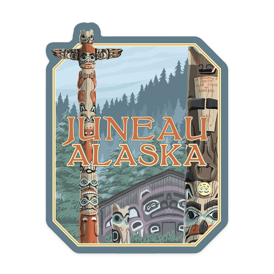 Juneau, Alaska, Alaska Totem Poles, Contour, Lantern Press Artwork, Vinyl Sticker Sticker Lantern Press 
