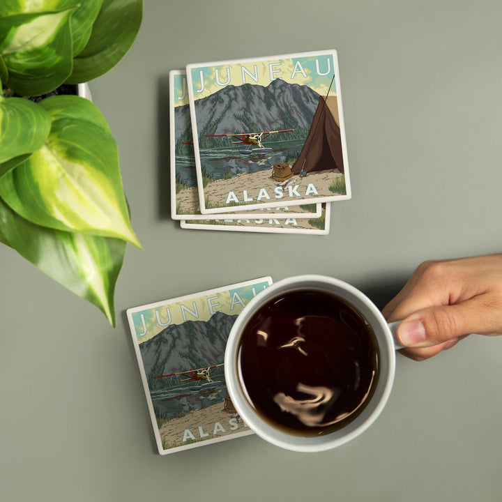 Juneau, Alaska, Bush Plane and Fishing, Coasters Coasters Lantern Press 