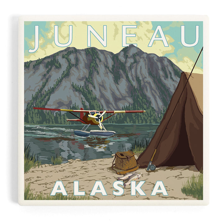 Juneau, Alaska, Bush Plane and Fishing, Coasters Coasters Lantern Press 