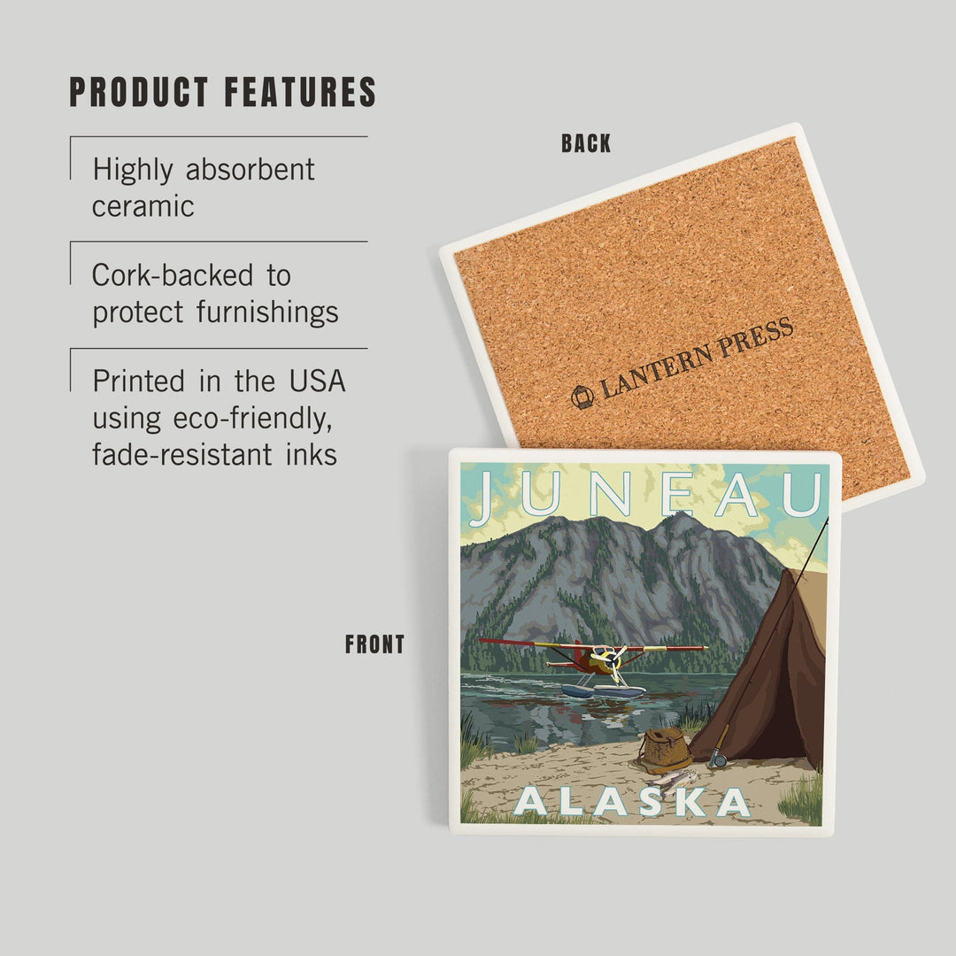 Juneau, Alaska, Bush Plane and Fishing, Coasters Coasters Lantern Press 