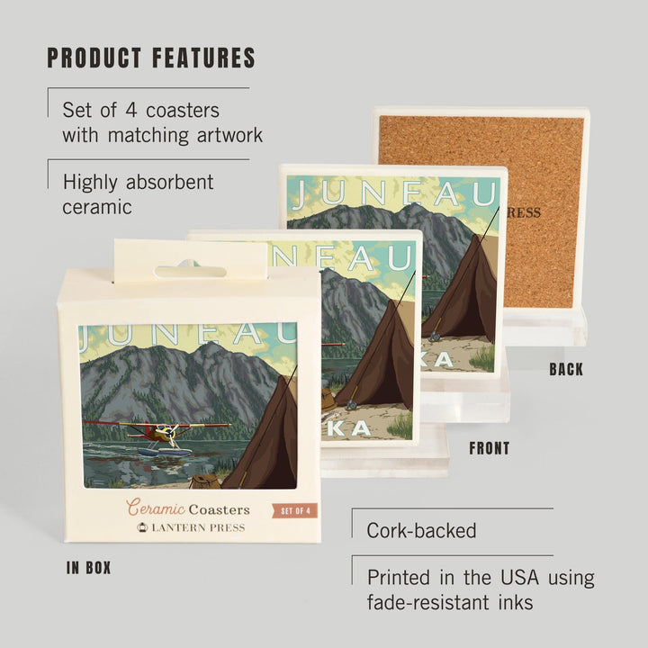 Juneau, Alaska, Bush Plane and Fishing, Coasters Coasters Lantern Press 