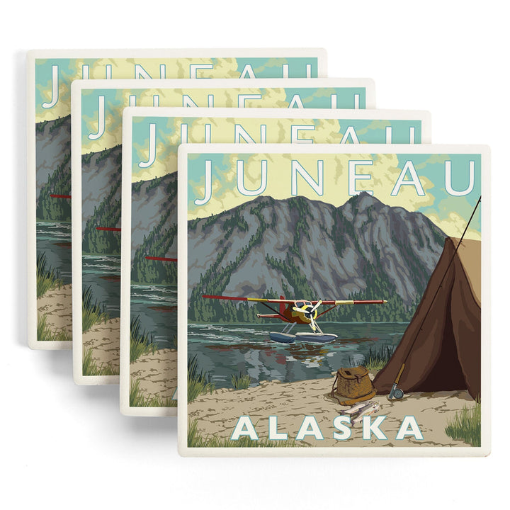 Juneau, Alaska, Bush Plane and Fishing, Coasters Coasters Lantern Press 