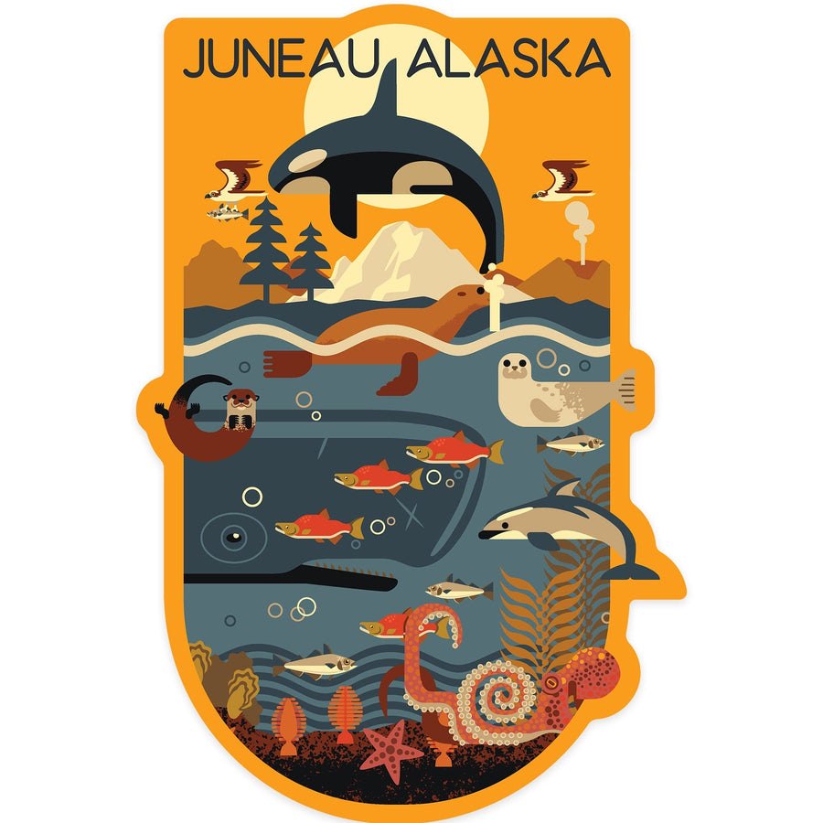 Juneau, Alaska, Marine Animals, Geometric, Contour, Vinyl Sticker Sticker Lantern Press 