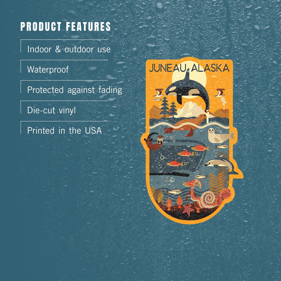 Juneau, Alaska, Marine Animals, Geometric, Contour, Vinyl Sticker Sticker Lantern Press 