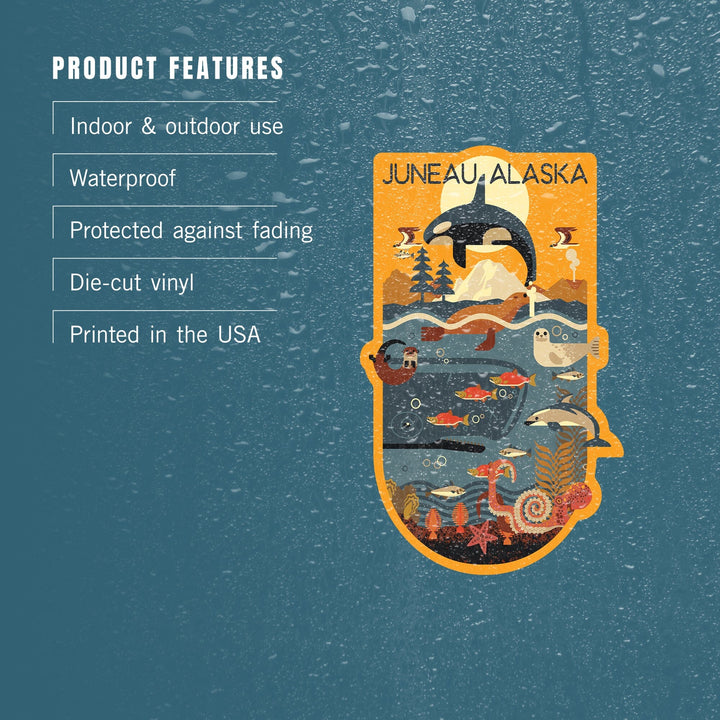 Juneau, Alaska, Marine Animals, Geometric, Contour, Vinyl Sticker Sticker Lantern Press 