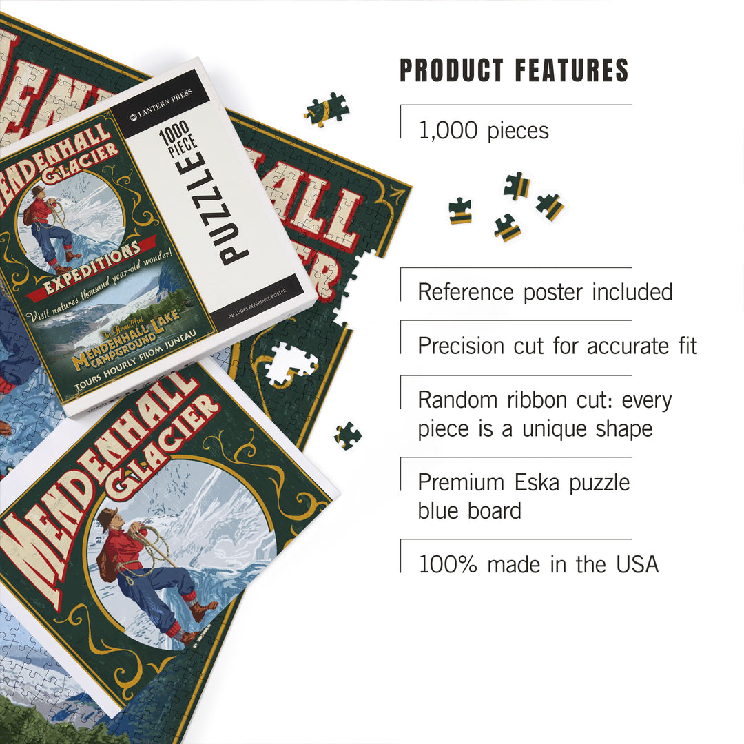 Juneau, Alaska, Mendenhall Glacier Tours Vintage Sign, Jigsaw Puzzle Puzzle Lantern Press 