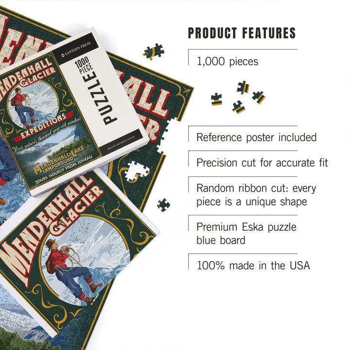 Juneau, Alaska, Mendenhall Glacier Tours Vintage Sign, Jigsaw Puzzle Puzzle Lantern Press 