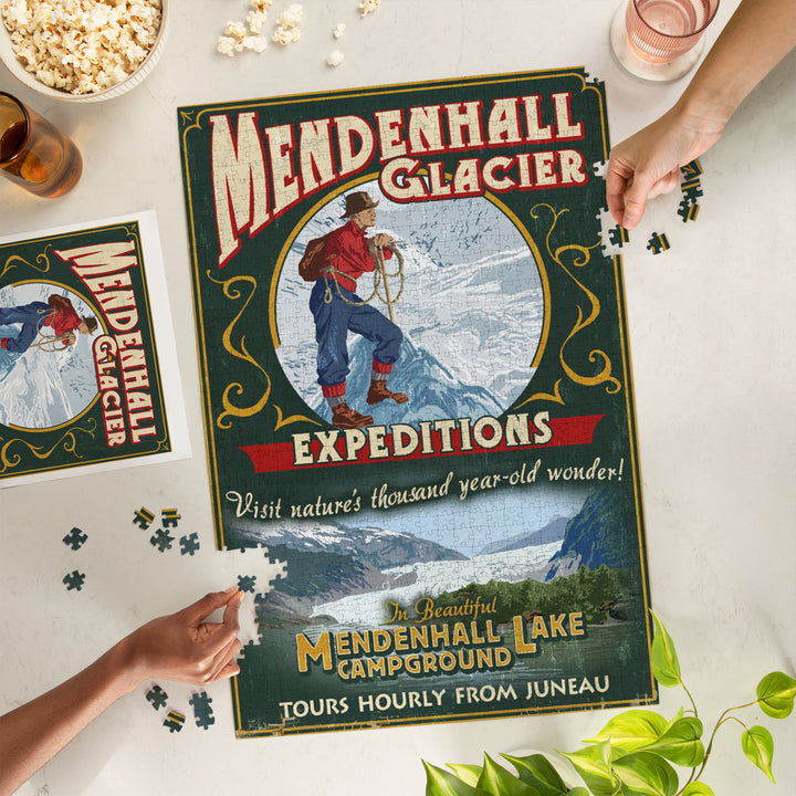 Juneau, Alaska, Mendenhall Glacier Tours Vintage Sign, Jigsaw Puzzle Puzzle Lantern Press 