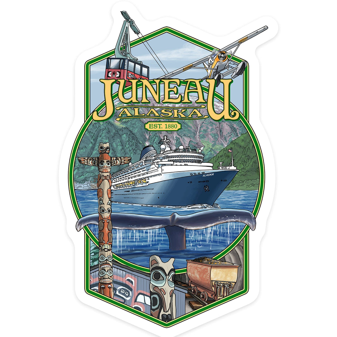 Juneau, Alaska, Montage, Contour, Lantern Press Artwork, Vinyl Sticker Sticker Lantern Press 