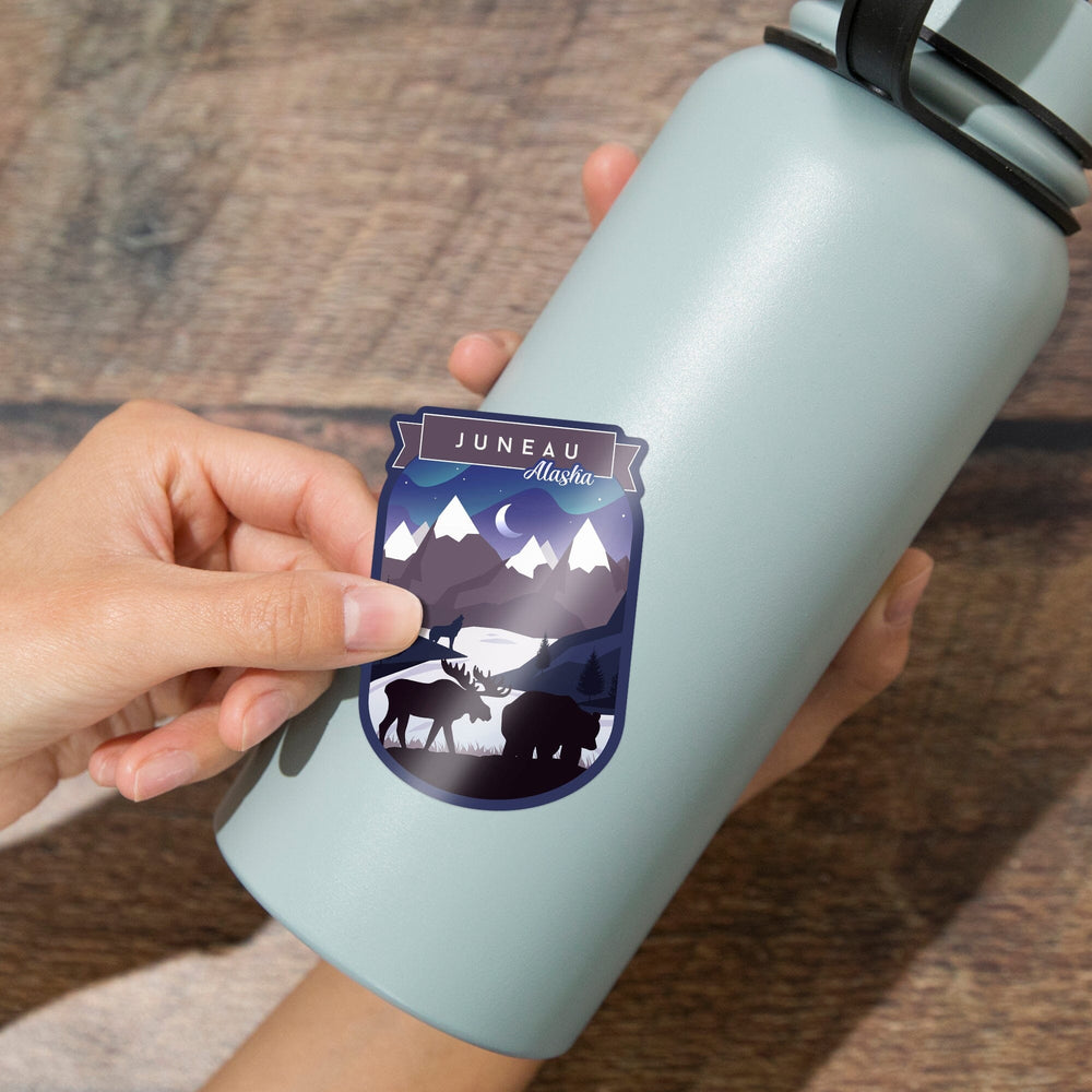 Juneau, Alaska, Northern Lights, Night Scene, Stay Wild, Bear and Mountain Silhouette, Contour, Vinyl Sticker Sticker Lantern Press 