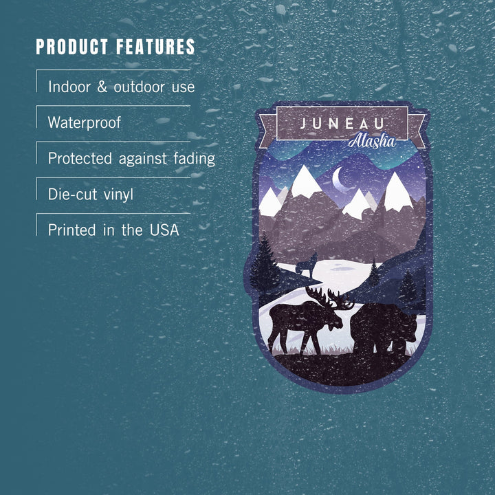 Juneau, Alaska, Northern Lights, Night Scene, Stay Wild, Bear and Mountain Silhouette, Contour, Vinyl Sticker Sticker Lantern Press 