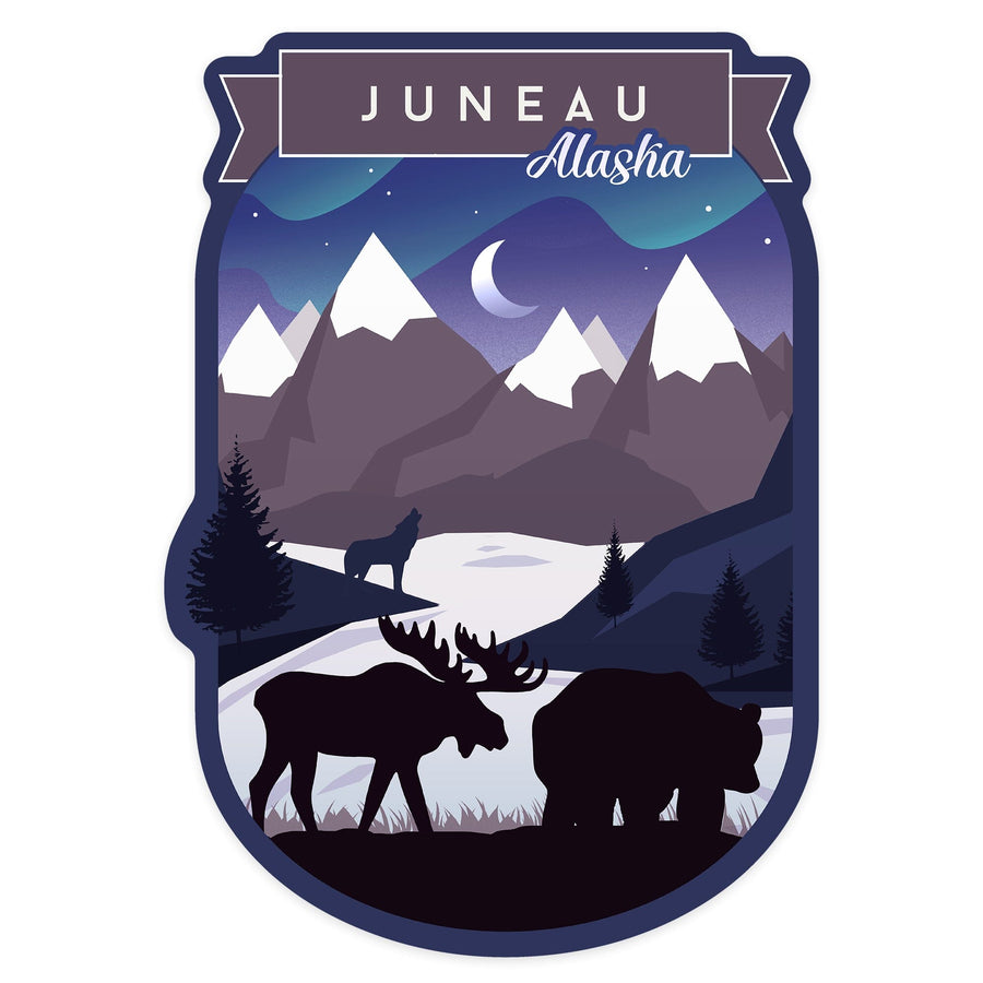 Juneau, Alaska, Northern Lights, Night Scene, Stay Wild, Bear and Mountain Silhouette, Contour, Vinyl Sticker Sticker Lantern Press 