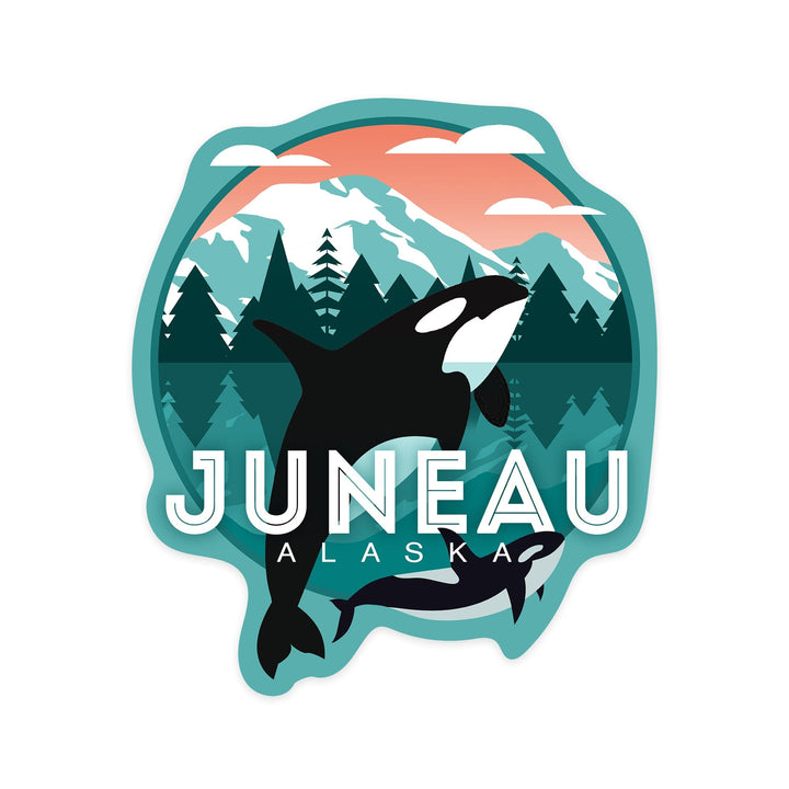 Juneau, Alaska, Orca and Calf, Contour, Vinyl Sticker - Lantern Press