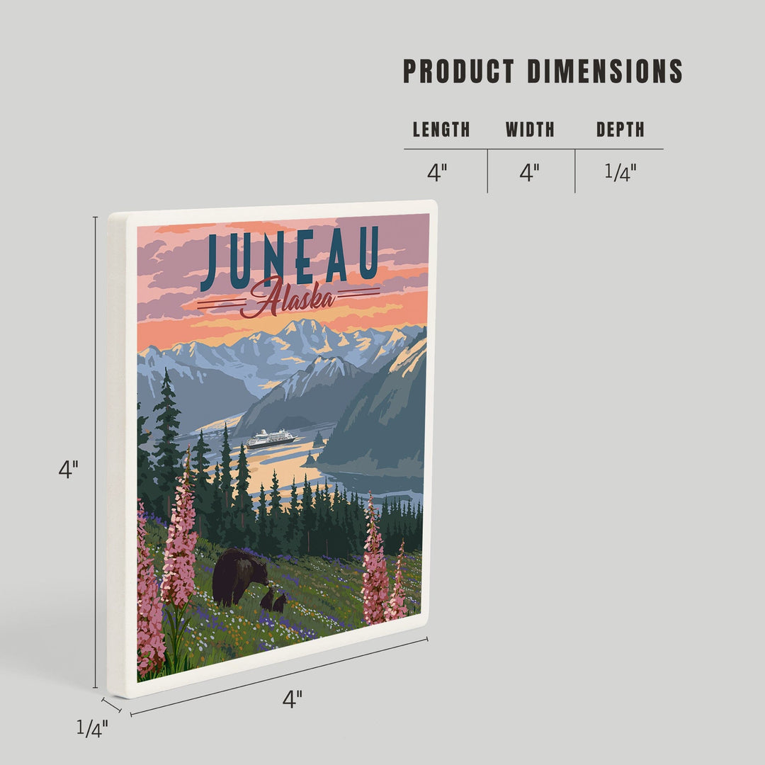 Juneau, Alaska, Painterly, Bear and Spring Flowers, Coasters Coasters Lantern Press 
