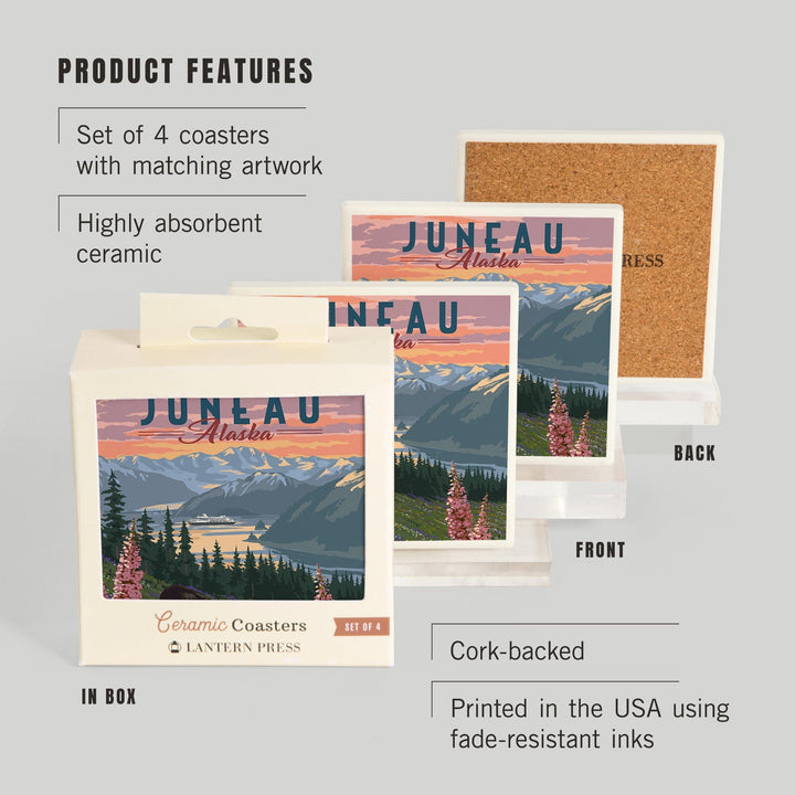Juneau, Alaska, Painterly, Bear and Spring Flowers, Coasters Coasters Lantern Press 