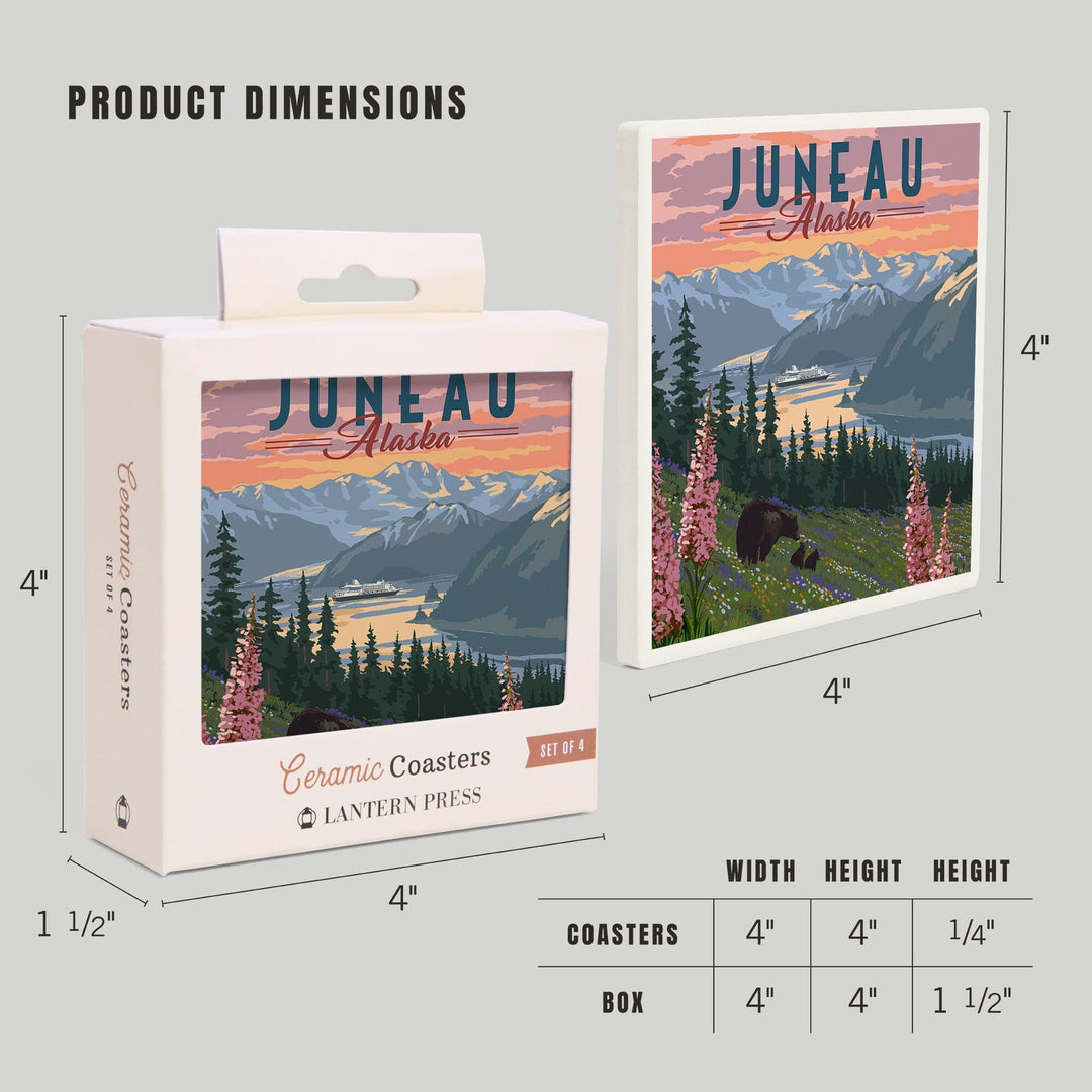 Juneau, Alaska, Painterly, Bear and Spring Flowers, Coasters Coasters Lantern Press 