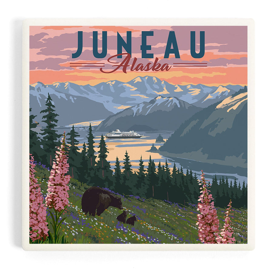 Juneau, Alaska, Painterly, Bear and Spring Flowers, Coasters Coasters Lantern Press 