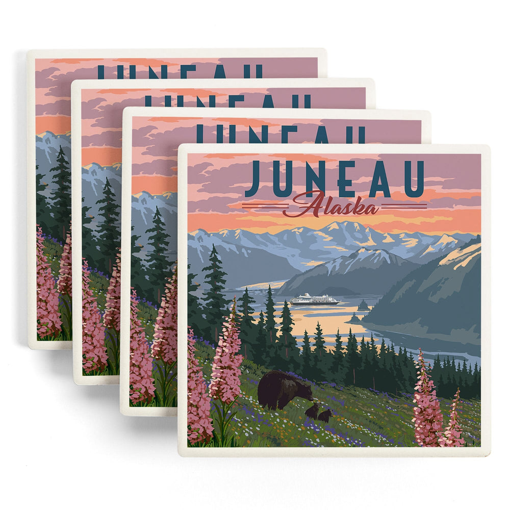 Juneau, Alaska, Painterly, Bear and Spring Flowers, Coasters Coasters Lantern Press 